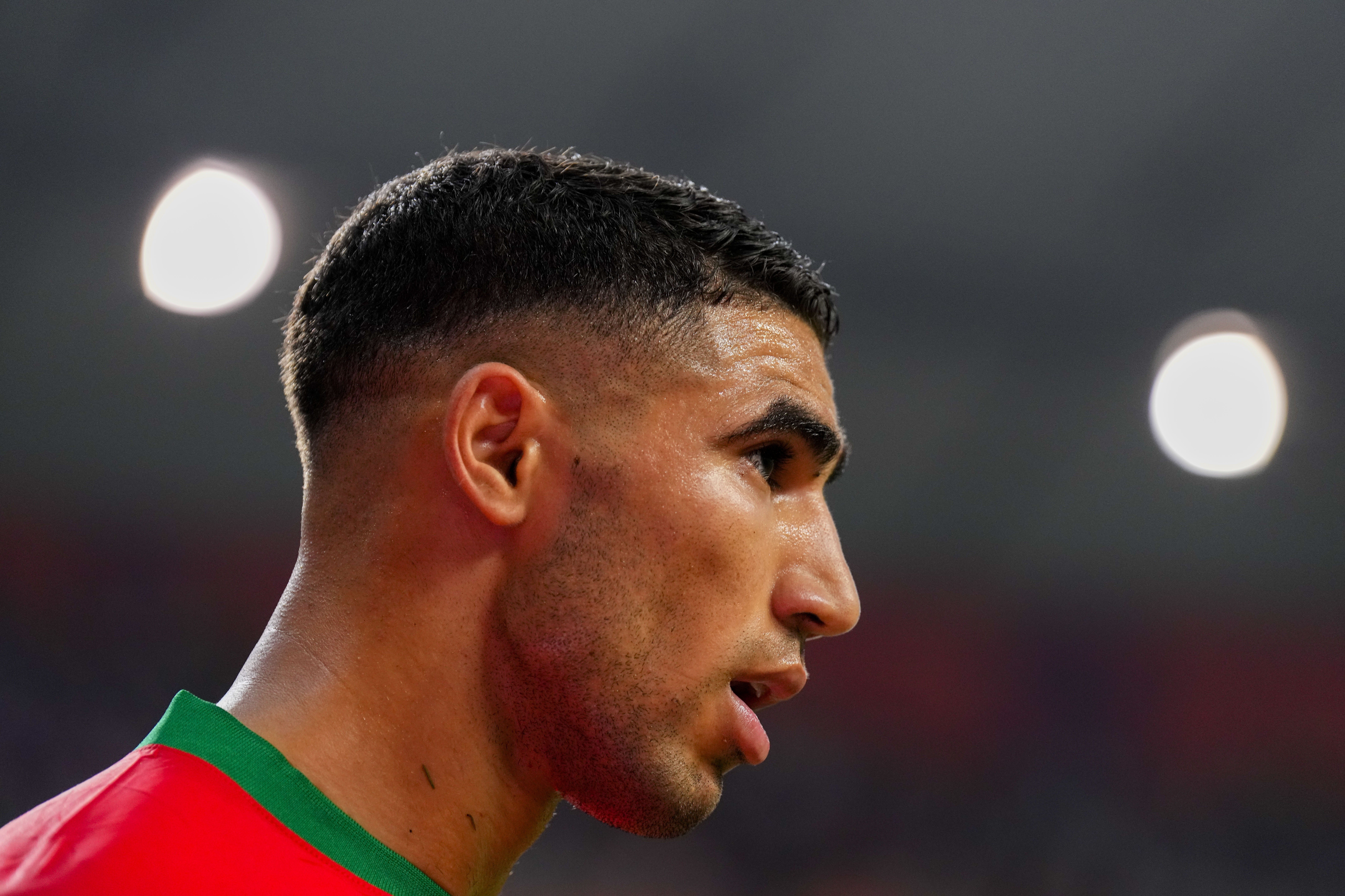 FILE - Morocco's Achraf Hakimi reacts during the World Cup third-place playoff soccer match between Croatia and Morocco at Khalifa International Stadium in Doha, Qatar, Saturday, Dec. 17, 2022. French prosecutors said Friday that Paris Saint-Germain defender and Morocco international star Achraf Hakimi has been indicted on rape charges. 