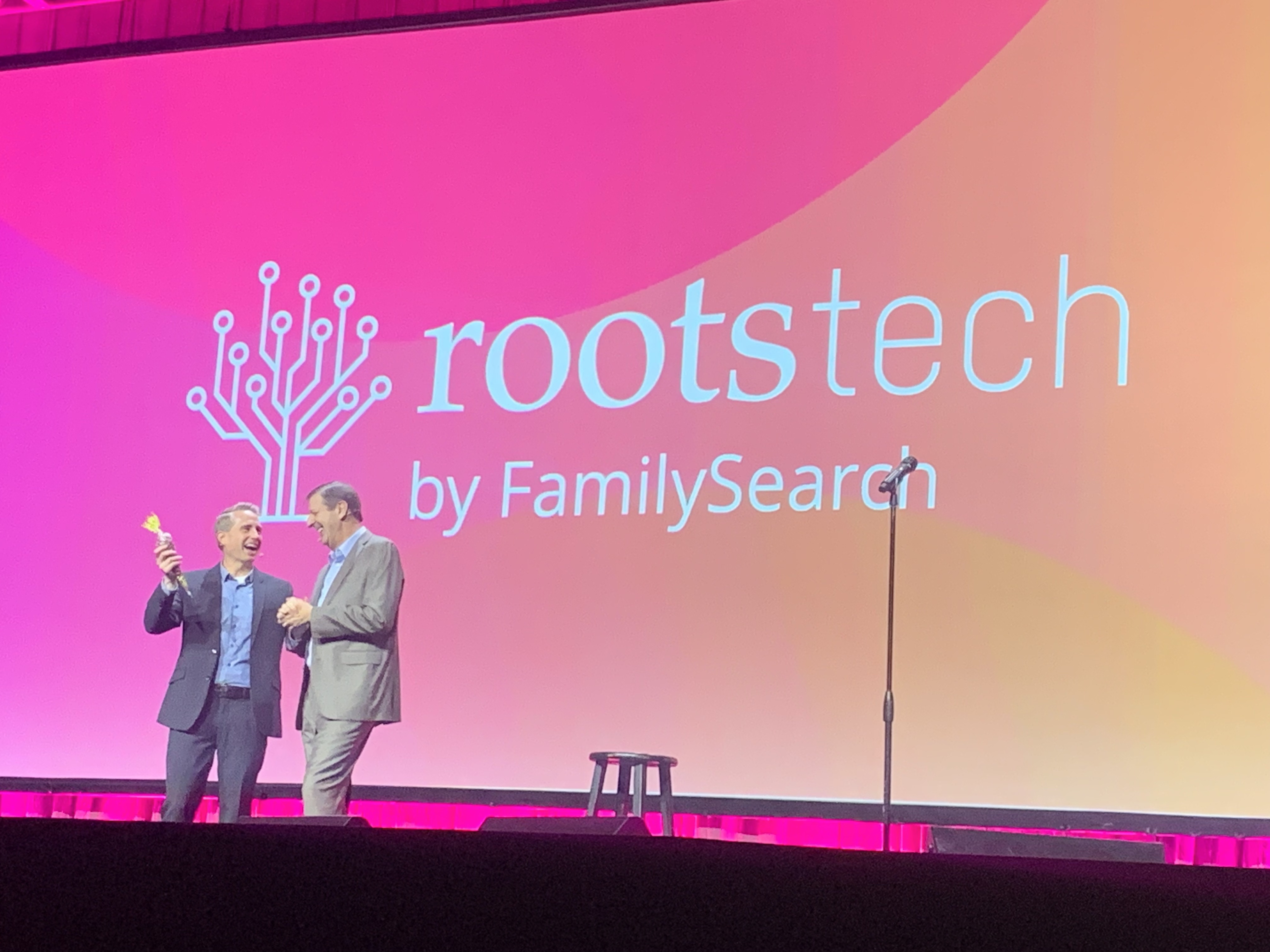 Kirby Heyborne speaks with Steve Rockwood, CEO of FamilySearch International, during Rockwood's keynote address at RootsTech at the Salt Palace in Salt Lake City on Thursday. People around the world are tuning in this week to the three-day family history conference.