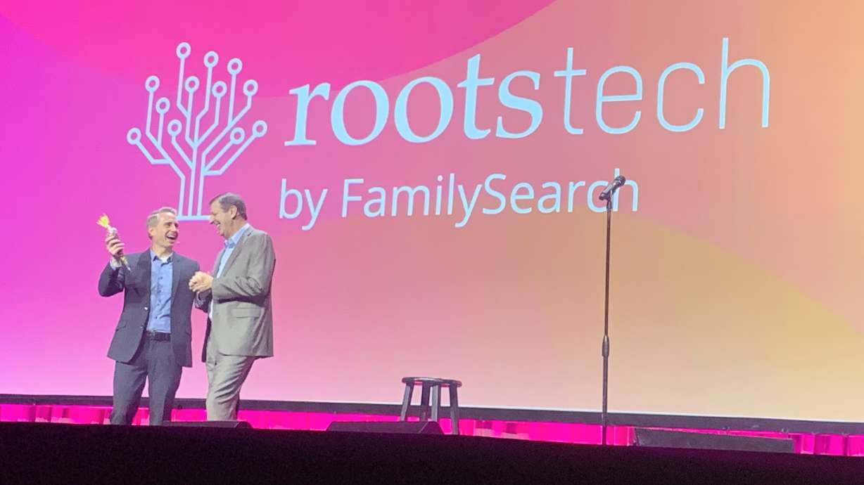 Kirby Heyborne speaks with Steve Rockwood, CEO of FamilySearch International, during his keynote address at RootsTech on March 2, 2023. The keynote speakers for RootsTech 2024 were announced on Tuesday.