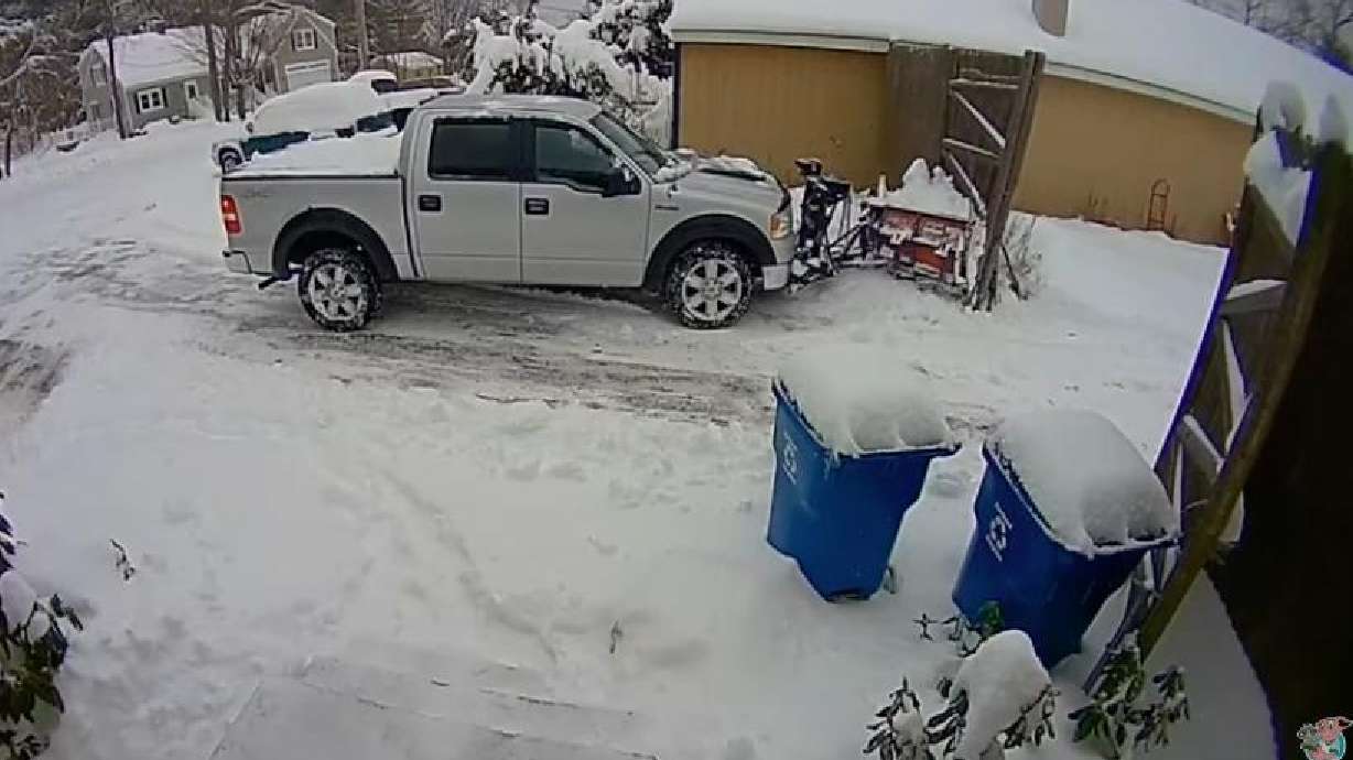 A paid snow plow driver uses snow to cover his mistakes in this Jan. 23 video.
