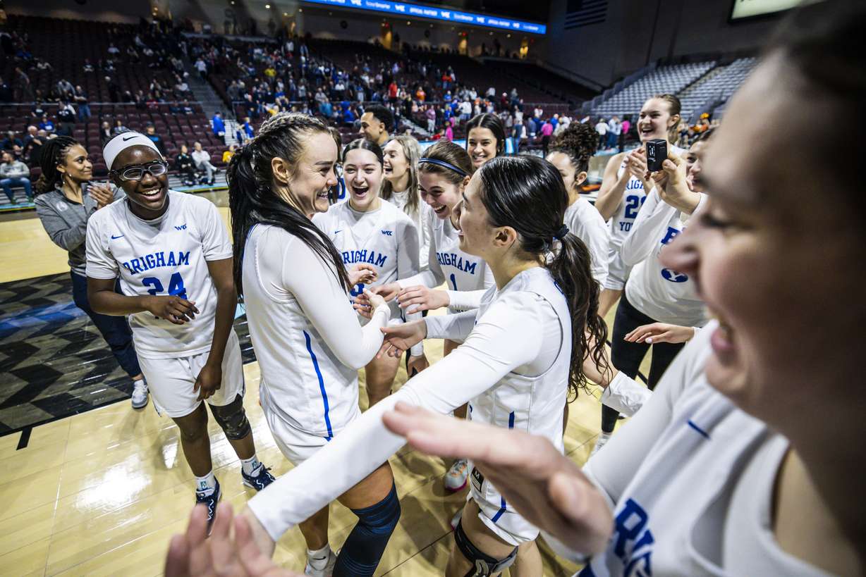 BYU women's basketball celebrates a 74-59 win over Pepperdine, Friday, March 3, 2023 at the West Coast Conference Tournament in Las Vegas, Nevada.