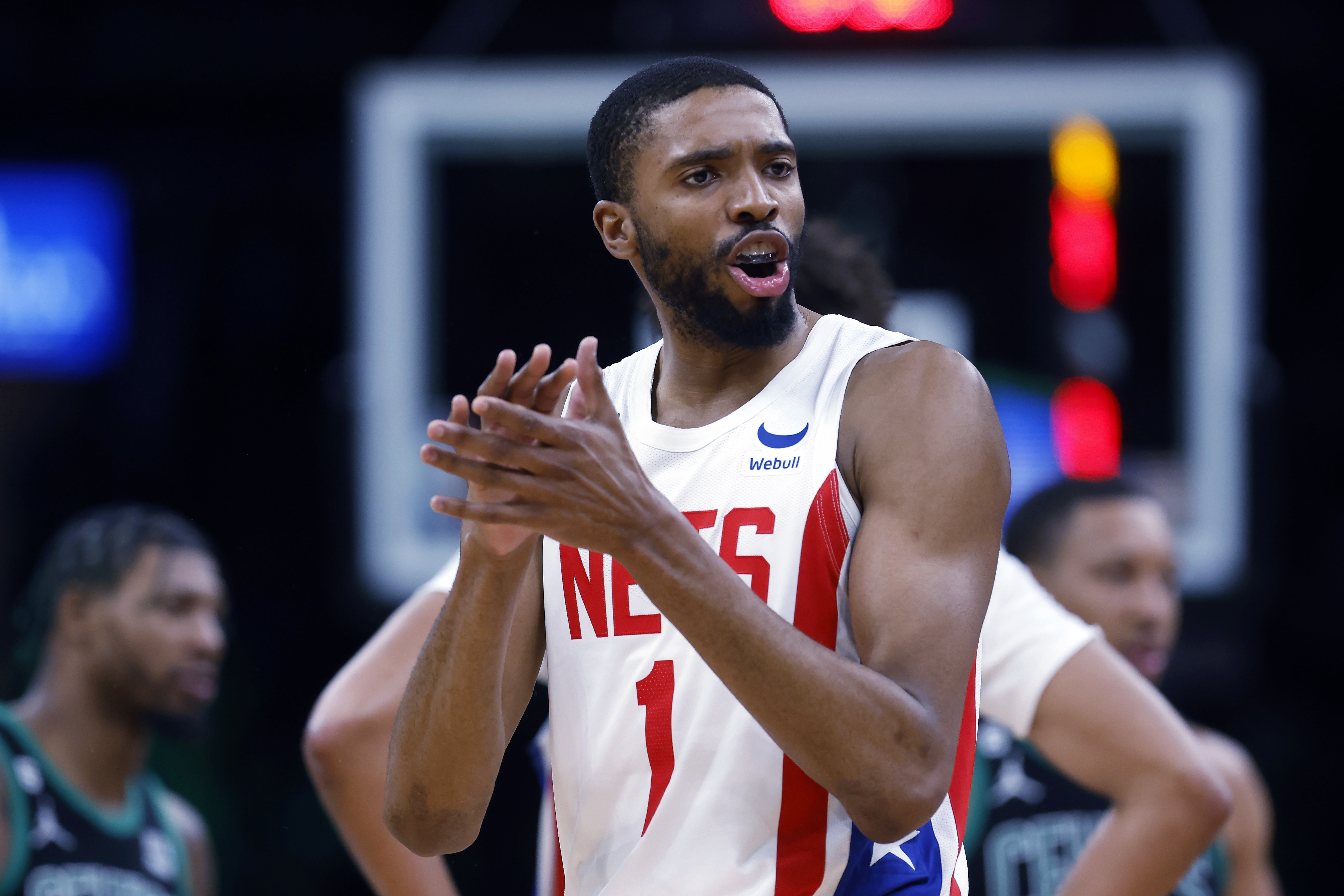 Brooklyn Nets' Mikal Bridges reacts during the second half of the team's NBA basketball game against the Boston Celtics, Friday, March 3, 2023, in Boston. 