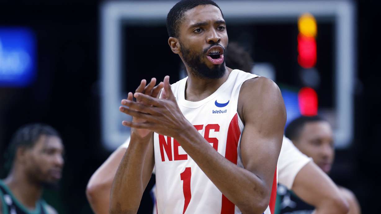 Brooklyn Nets' Mikal Bridges reacts during the second half of the team's NBA basketball game against the Boston Celtics, Friday, March 3, 2023, in Boston.