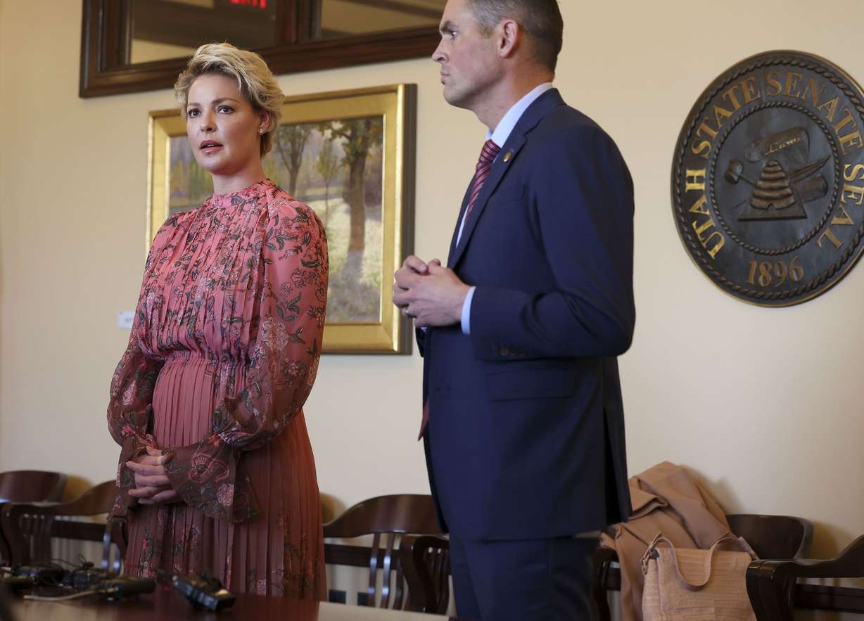 Actress/activist Katherine Heigl and Sen. Mike McKell, R-Spanish Fork, speak at a press conference about gas chamber euthanasia of animals in shelters at the Capitol in Salt Lake City on Jan. 18. Heigl, a longtime animal advocate, wants to see the end of gas chambers in Utah.