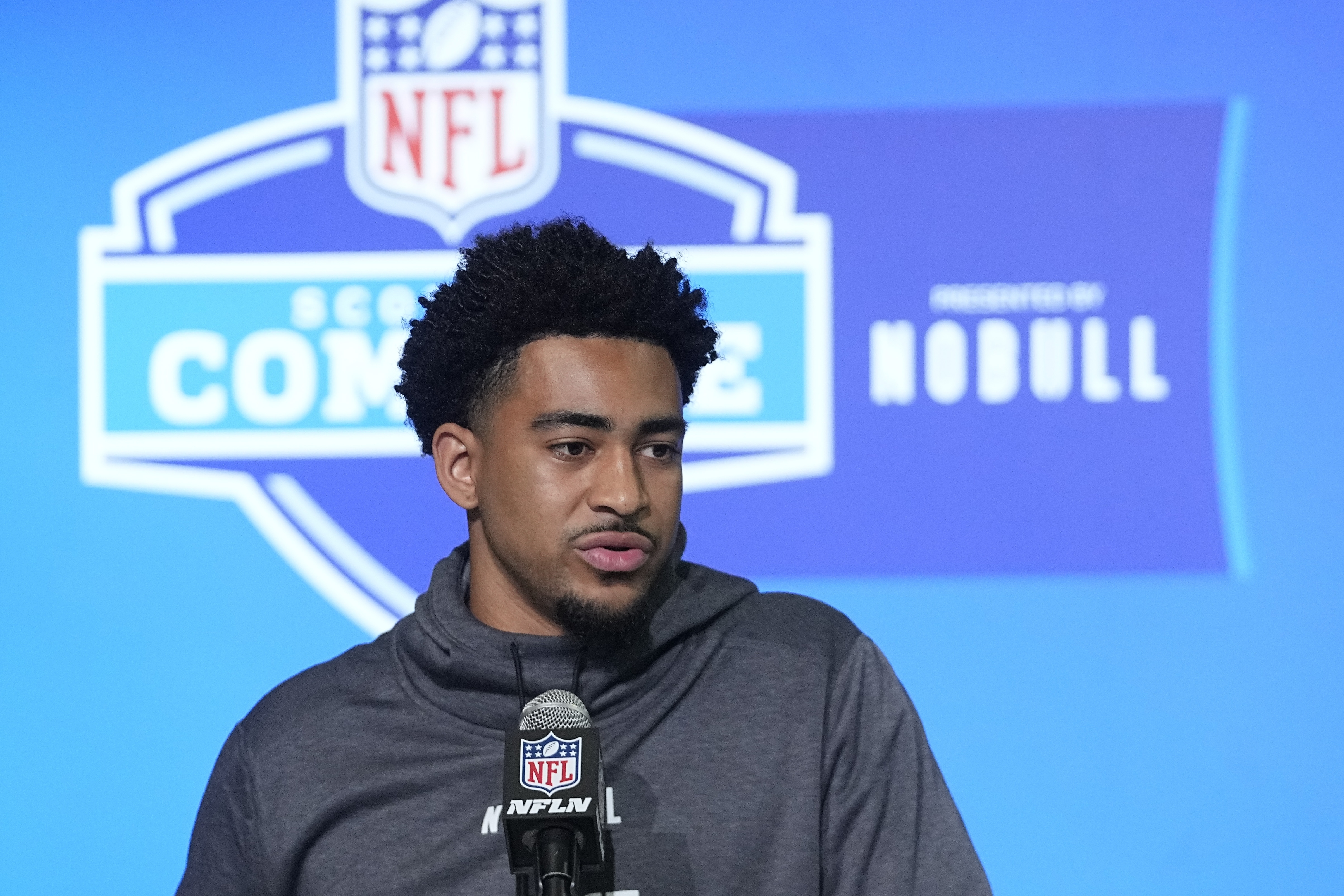 Alabama quarterback Bryce Young speaks during a news conference at the NFL football scouting combine in Indianapolis, Friday, March 3, 2023. 