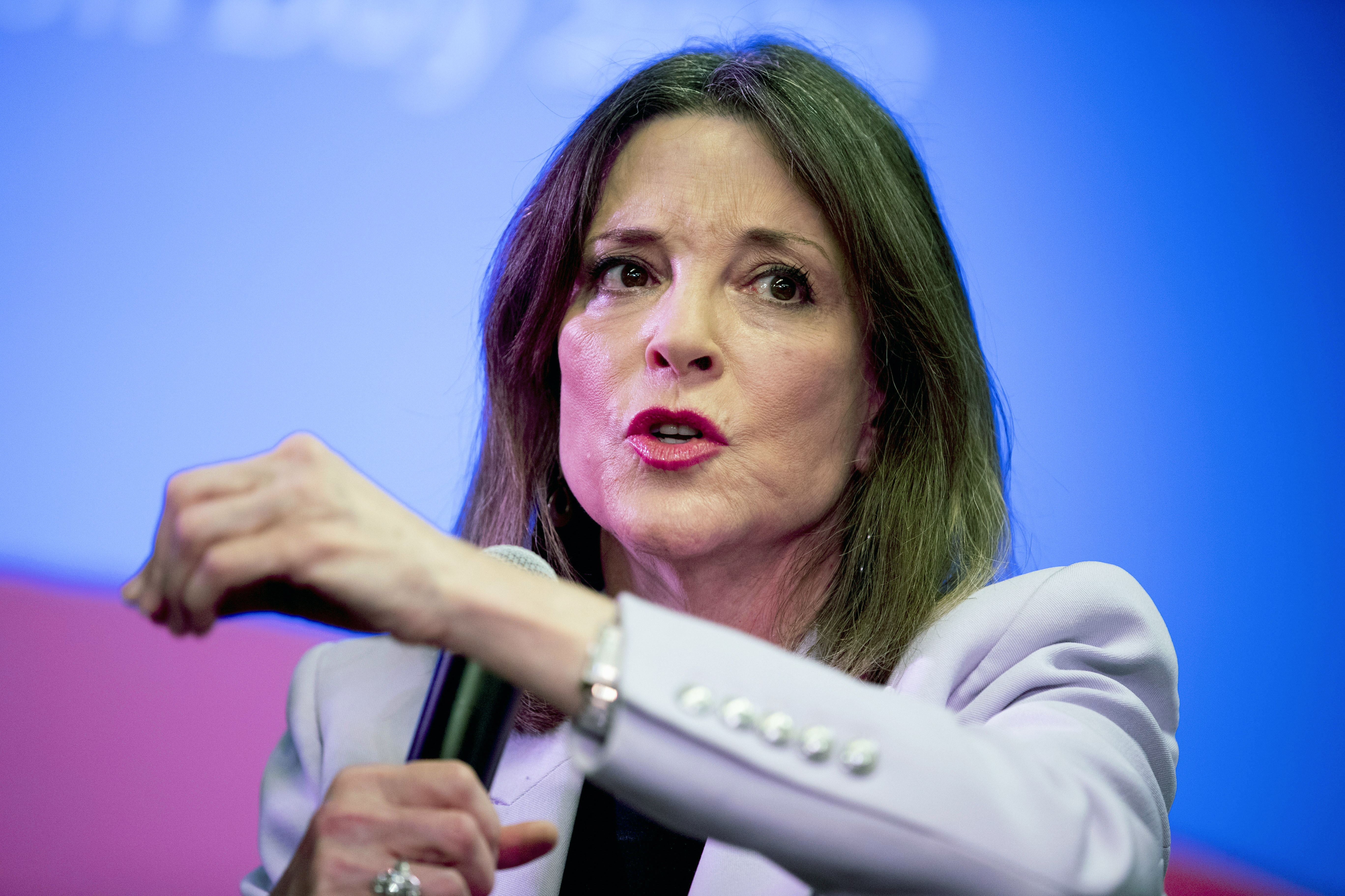 Democratic presidential candidate Marianne Williamson speaks in Des Moines, Iowa on Jan, 9, 2020. Williamson has officially launched another Democratic presidential campaign.