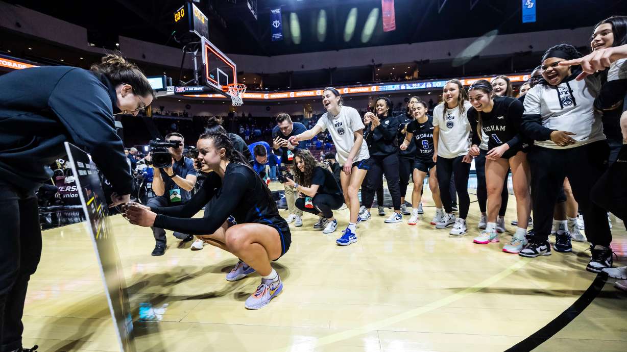 BYU forward Lauren Gustin advances the bracket after a 66-56 win over San Francisco in the quarterfinals of the West Coast Conference Tournament, Saturday, March 4, 2023 at Orleans Arena in Las Vegas.