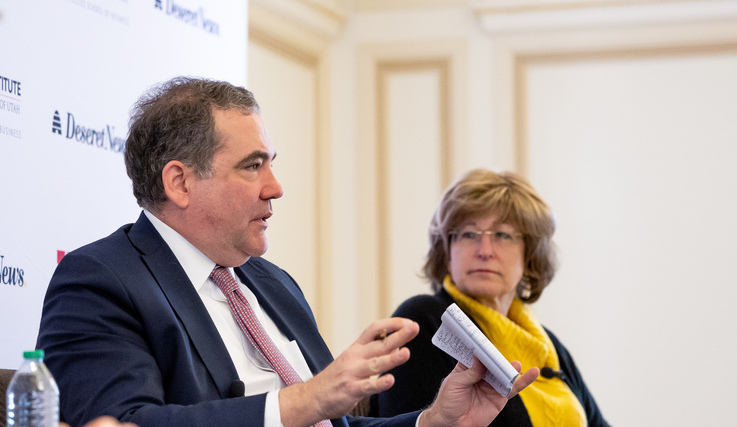 Daniel F. Runde and Bonnie Glick at the Kem C. Gardner Policy Institute in Salt Lake City on Thursday.