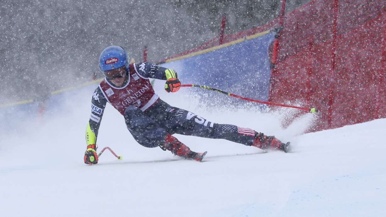 United States' Mikaela Shiffrin speeds down the course during an alpine ski, women's World Cup super G race, in Kvitfjell, Norway, Sunday, March 5, 2023.