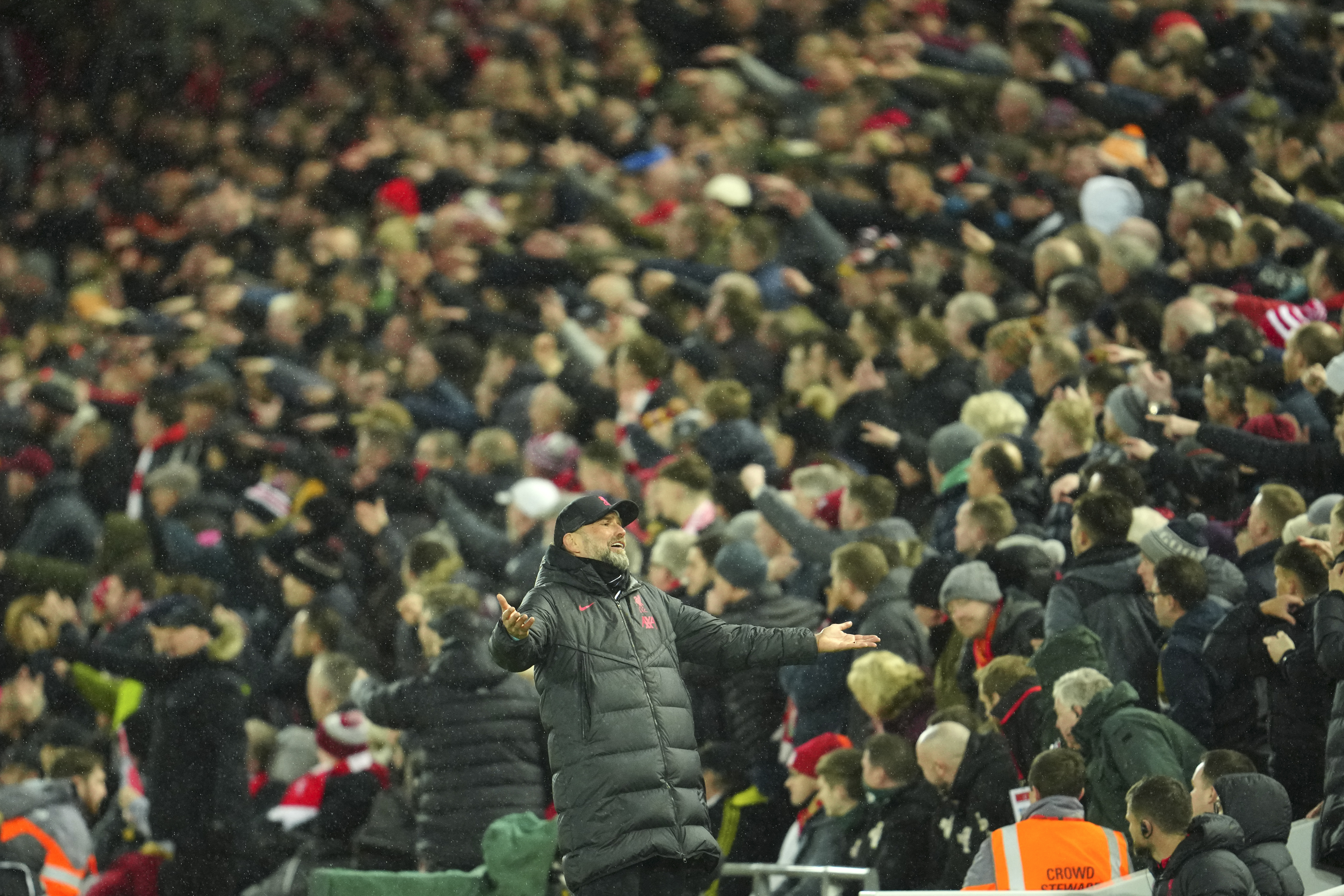 Liverpool's manager Jurgen Klopp reacts during the English Premier League soccer match between Liverpool and Manchester United at Anfield in Liverpool, England, Sunday, March 5, 2023. 