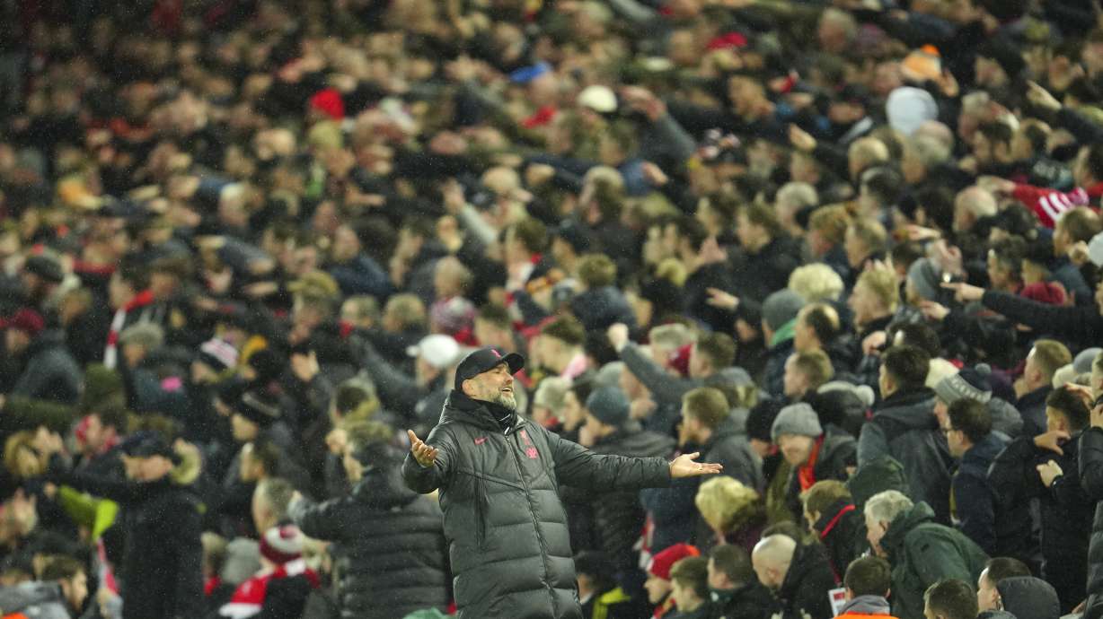 Liverpool's manager Jurgen Klopp reacts during the English Premier League soccer match between Liverpool and Manchester United at Anfield in Liverpool, England, Sunday, March 5, 2023.
