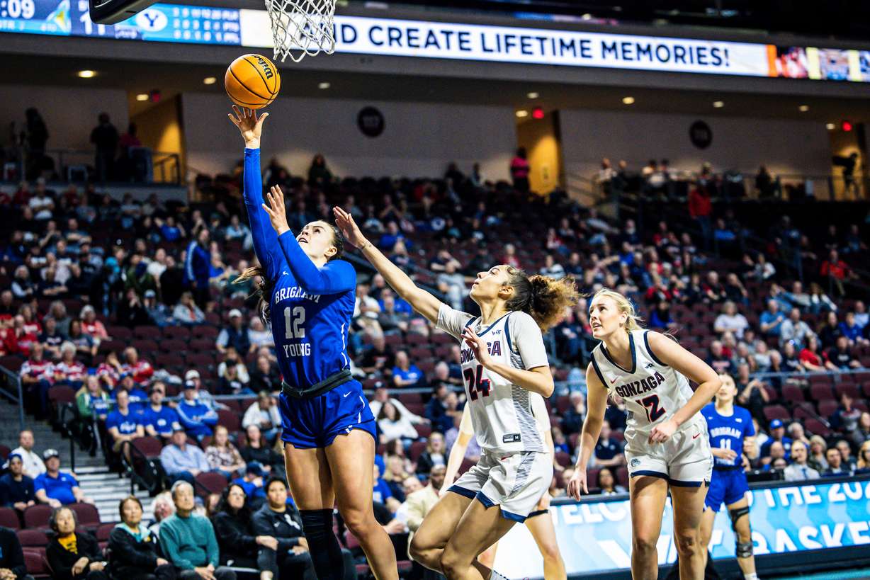 BYU forward Lauren Gustin drives to the rim during a 79-64 loss to top-seeded Gonzaga in the West Coast Conference Tournament semifinals, Monday, Marhc 6, 2023 at Orleans Arena in Las Vegas, Nevada.