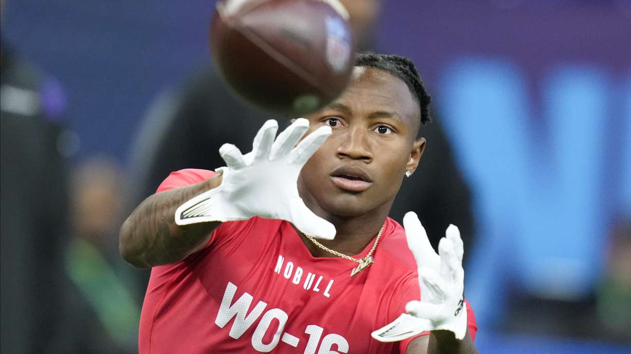 Boston College wide receiver Zay Flowers runs a drill at the NFL football scouting combine in Indianapolis, Saturday, March 4, 2023.