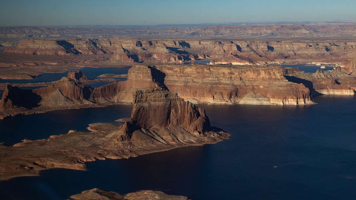 An aerial view of Lake Powell is seen, where water levels have declined dramatically as growing demand for water and climate change shrink the Colorado River in Page, Ariz., Nov. 19, 2022.
