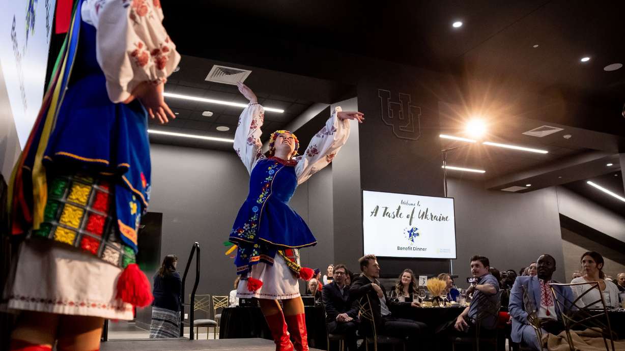 BYU Traditionz dancers perform during the Taste of Ukraine benefit dinner, organized by To Ukraine With Love, at Rice-Eccles Stadium in Salt Lake City on Tuesday.