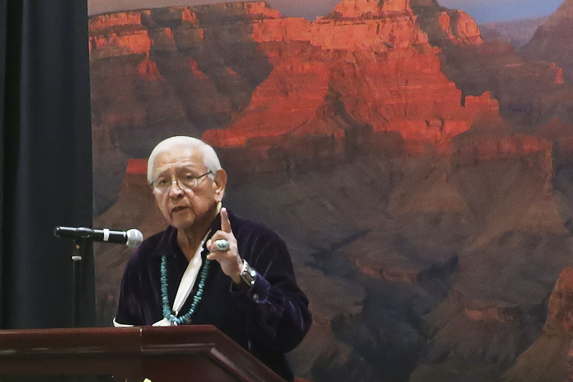 Former Navajo chairman and president, Peterson Zah, speaks to a crowd Jan. 11 east of Flagstaff, Ariz. Zah has died, according to Navajo Nation officials.