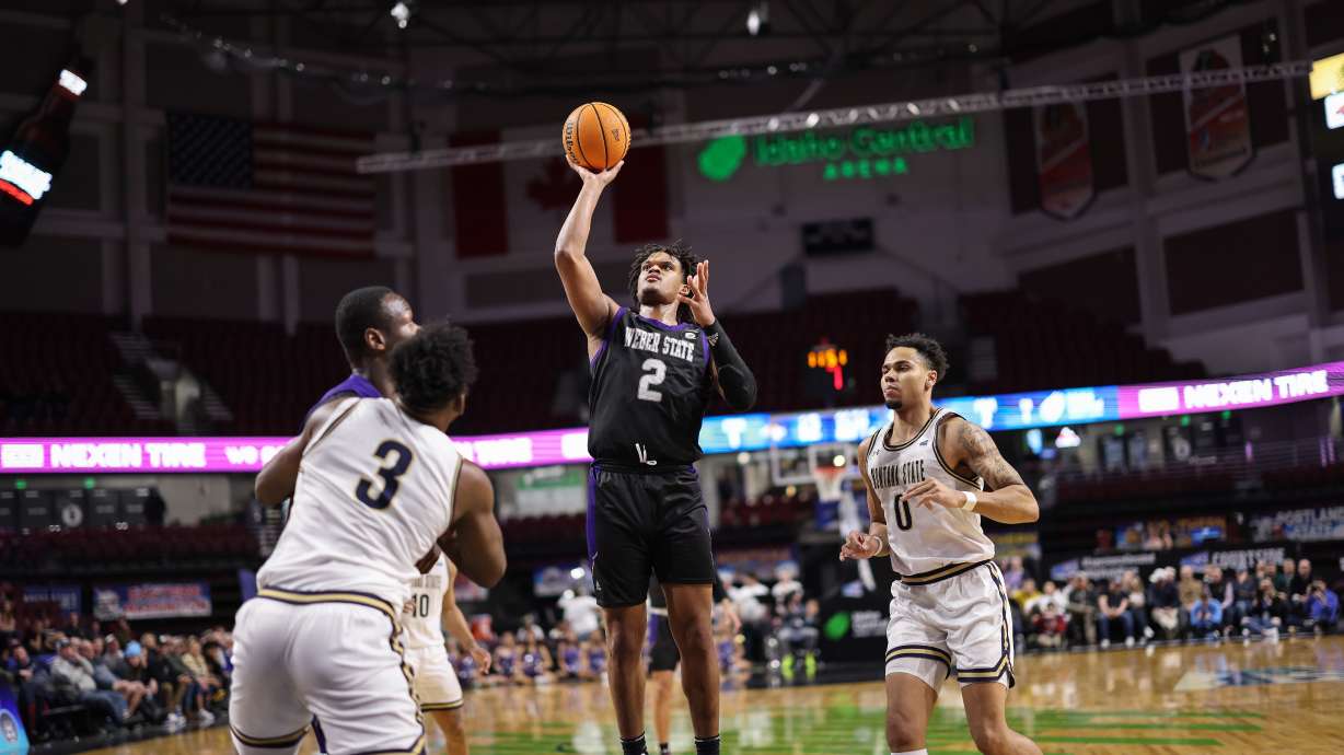 Weber State forward Dillon Jones puts up a shot against Montana State during a Big Sky Tournament semifinal, Tuesday, March 7, 2023 in Boise, Idaho.