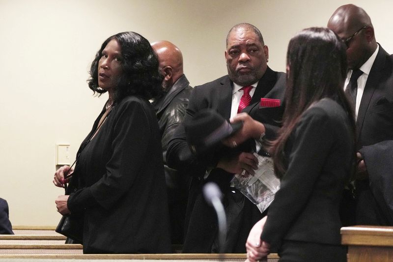 The parents of Tyre Nichols, Row Vaughn and Rodney Wells, appear in the courtroom for hearing related to Nichols death, in Memphis, Feb. 17. A judge on Wednesday halted the release of more than 20 hours of additional video and audio footage related to the killing of Tyre Nichols.
