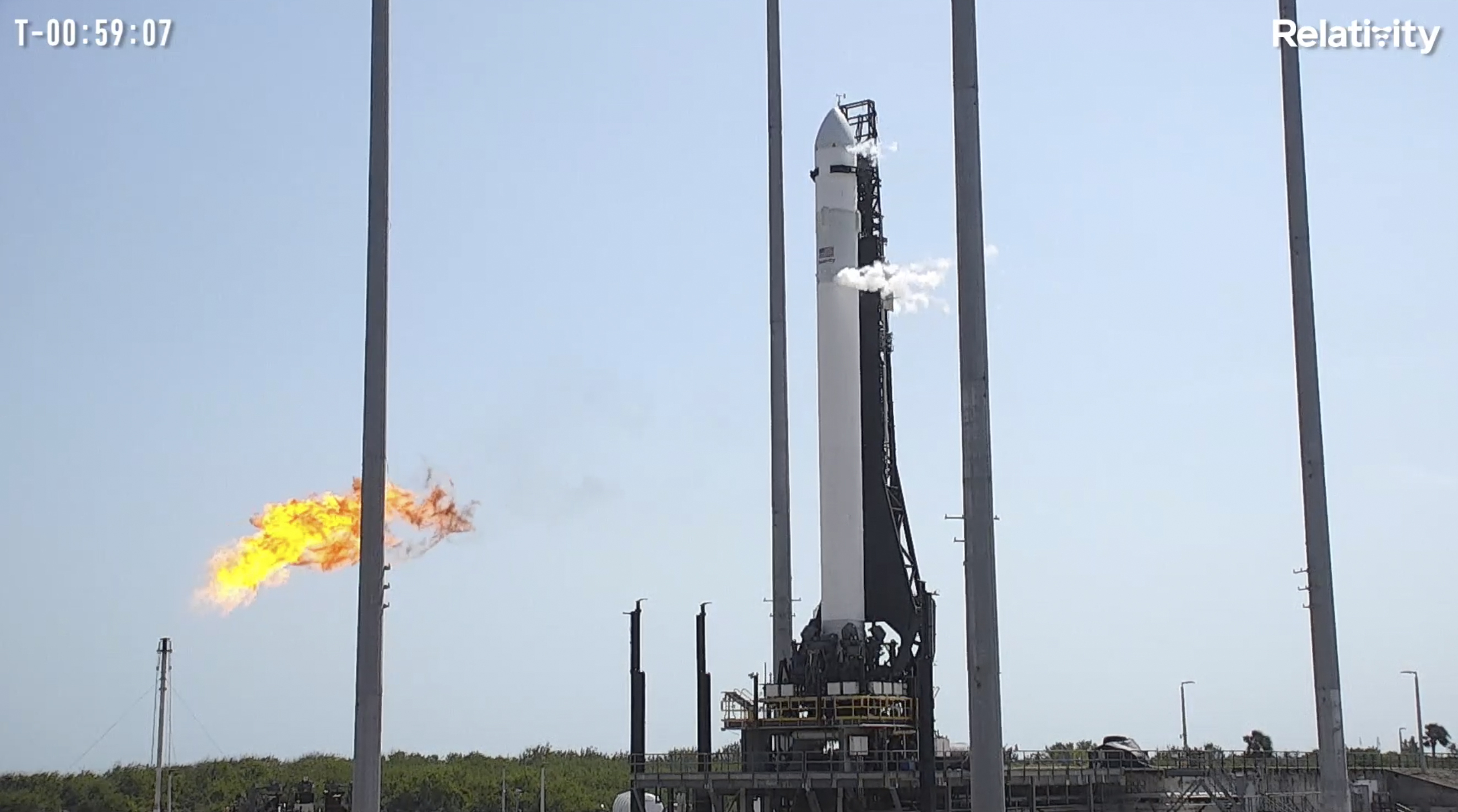 The Relativity Space Terran 1 rocket on the launchpad in Cape Canaveral, Florida, on Wednesday. The rocket, made almost entirely of 3D printed parts is awaiting its debut launch. 