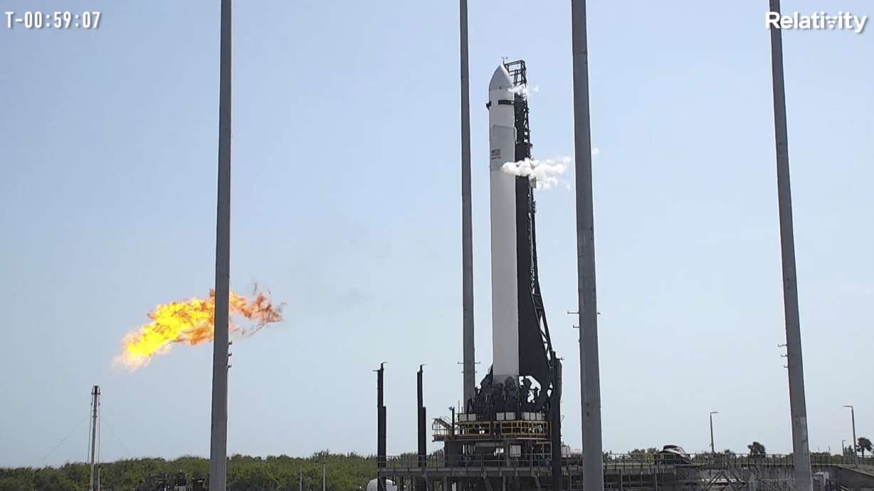 The Relativity Space Terran 1 rocket on the launchpad in Cape Canaveral, Florida, on Wednesday. The rocket, made almost entirely of 3D printed parts is awaiting its debut launch.