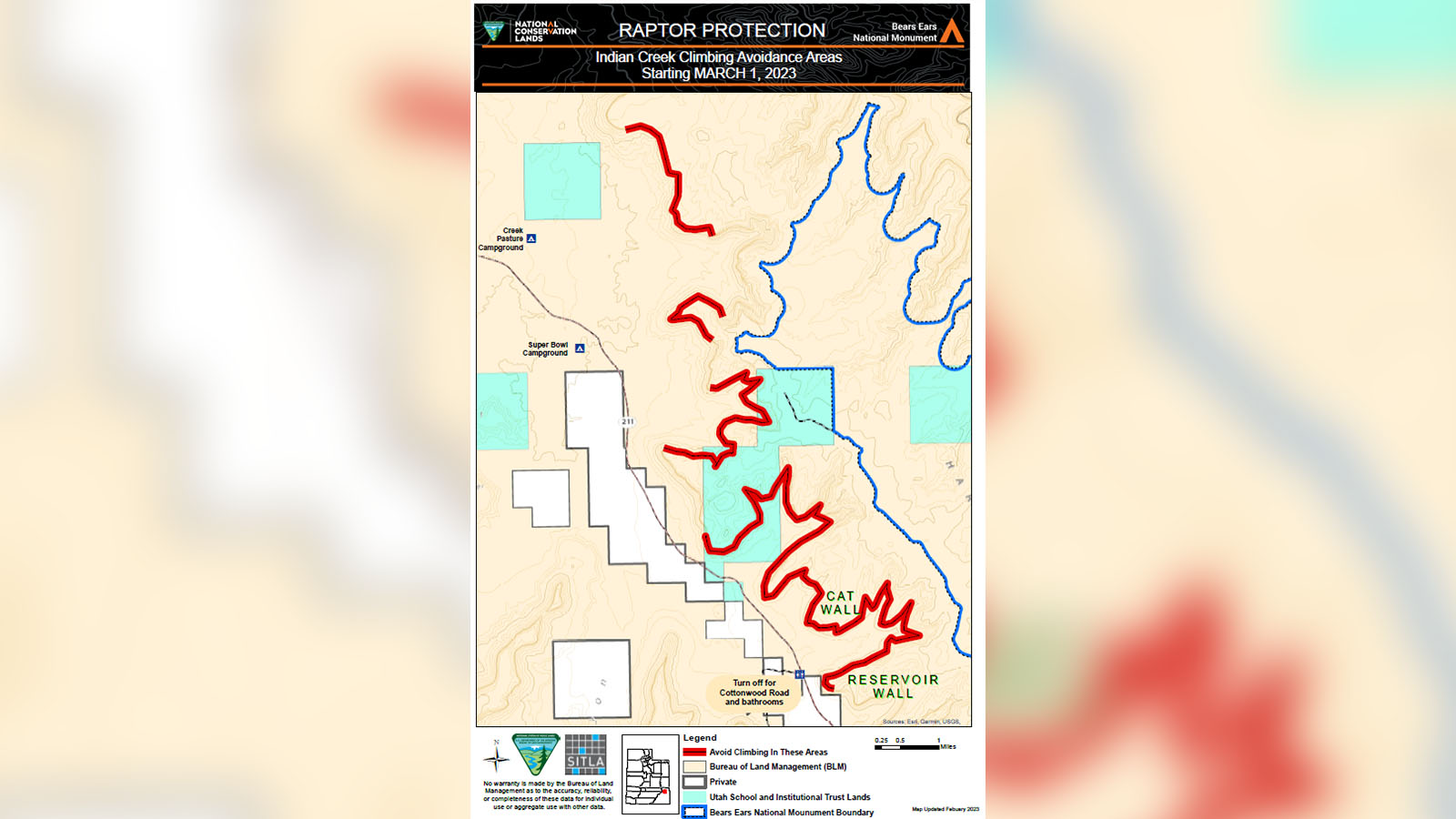 A map of the 2023 seasonal rock climbing closures in the Indian Creek area of southeast Utah. The closures took effect on March 1 and may remain in place through late August.