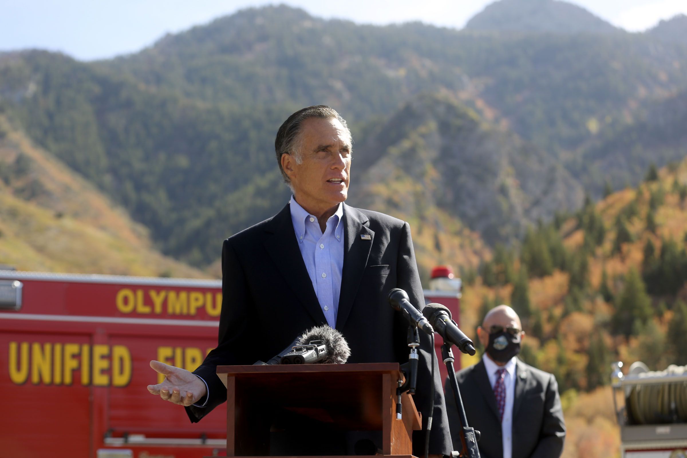 Sen. Mitt Romney, R-Utah, speaks at the Neff’s Canyon trailhead in Millcreek on Oct. 15, 2020. Romney recently recommended the federal government adopt some of Utah’s policies for preventing and dealing with wildfires.