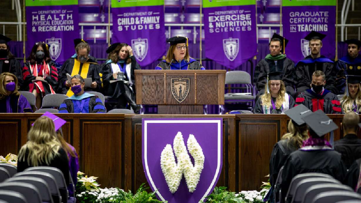 Kristin Hadley, dean of the College of Education at Weber State University, speaks at commencement ceremonies in Ogden on Dec. 17, 2021. Seven of eight deans at Weber State are women.