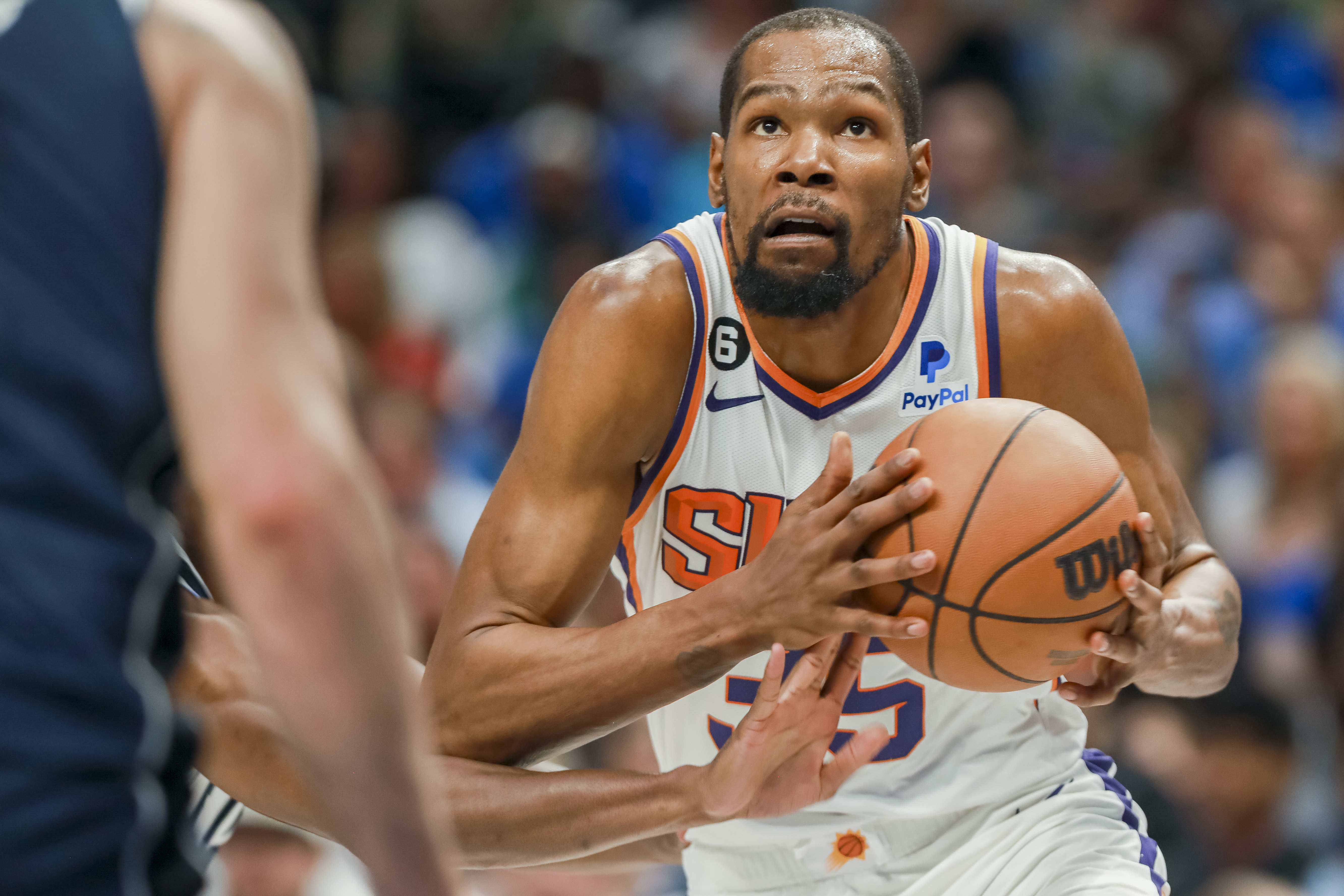 Phoenix Suns forward Kevin Durant (35) drives to the basket during the second half of an NBA basketball game against the Dallas Mavericks, Sunday, March 5, 2023, in Dallas. 