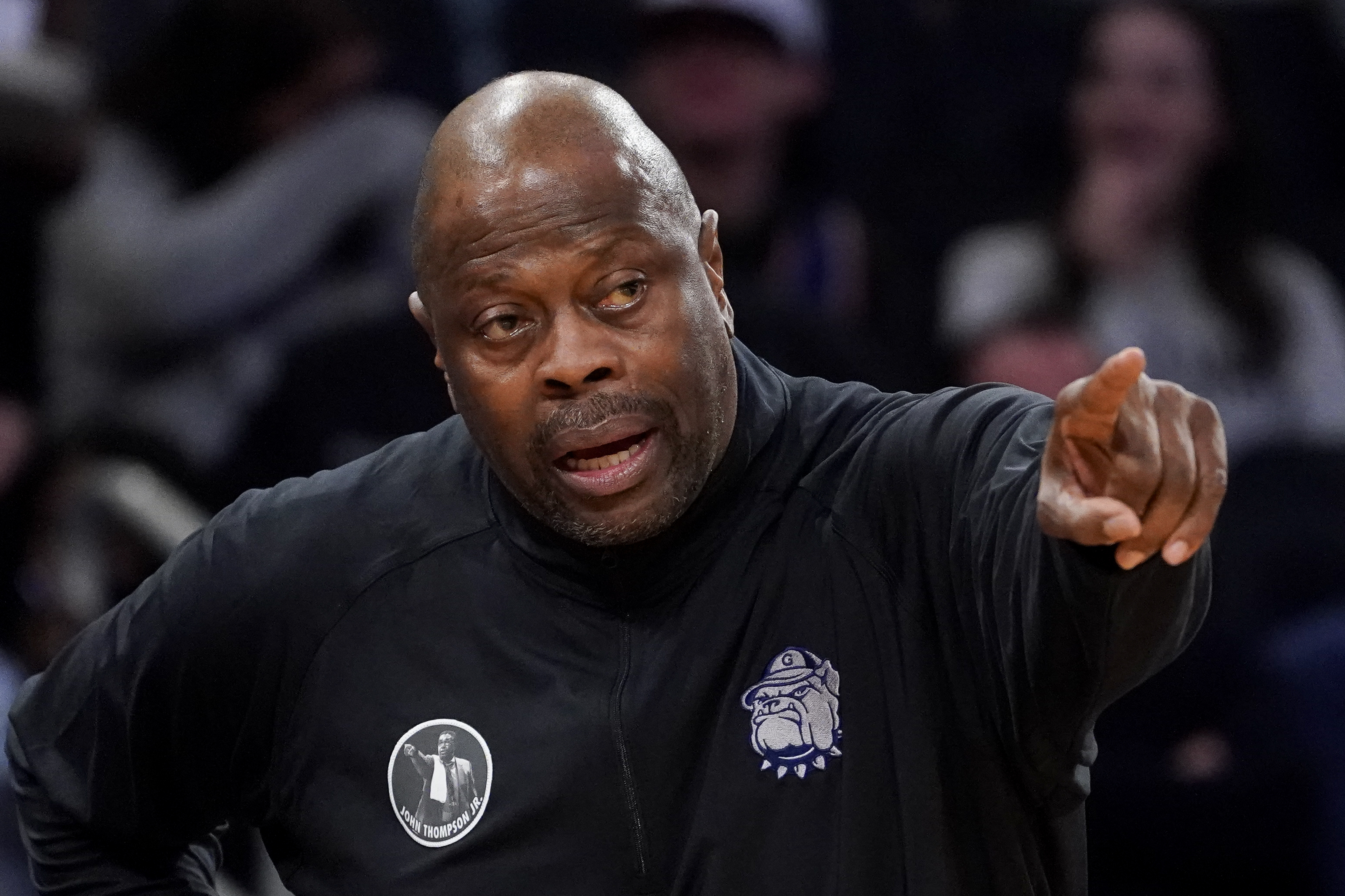 Georgetown head coach Patrick Ewing works the bench in the first half of an NCAA college basketball game against Villanova during the first round of the Big East conference tournament, Wednesday, March 8, 2023, in New York. 