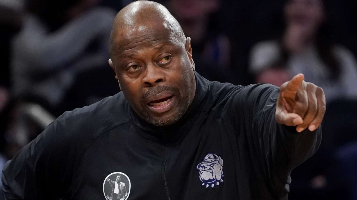 Georgetown head coach Patrick Ewing works the bench in the first half of an NCAA college basketball game against Villanova during the first round of the Big East conference tournament, Wednesday, March 8, 2023, in New York.