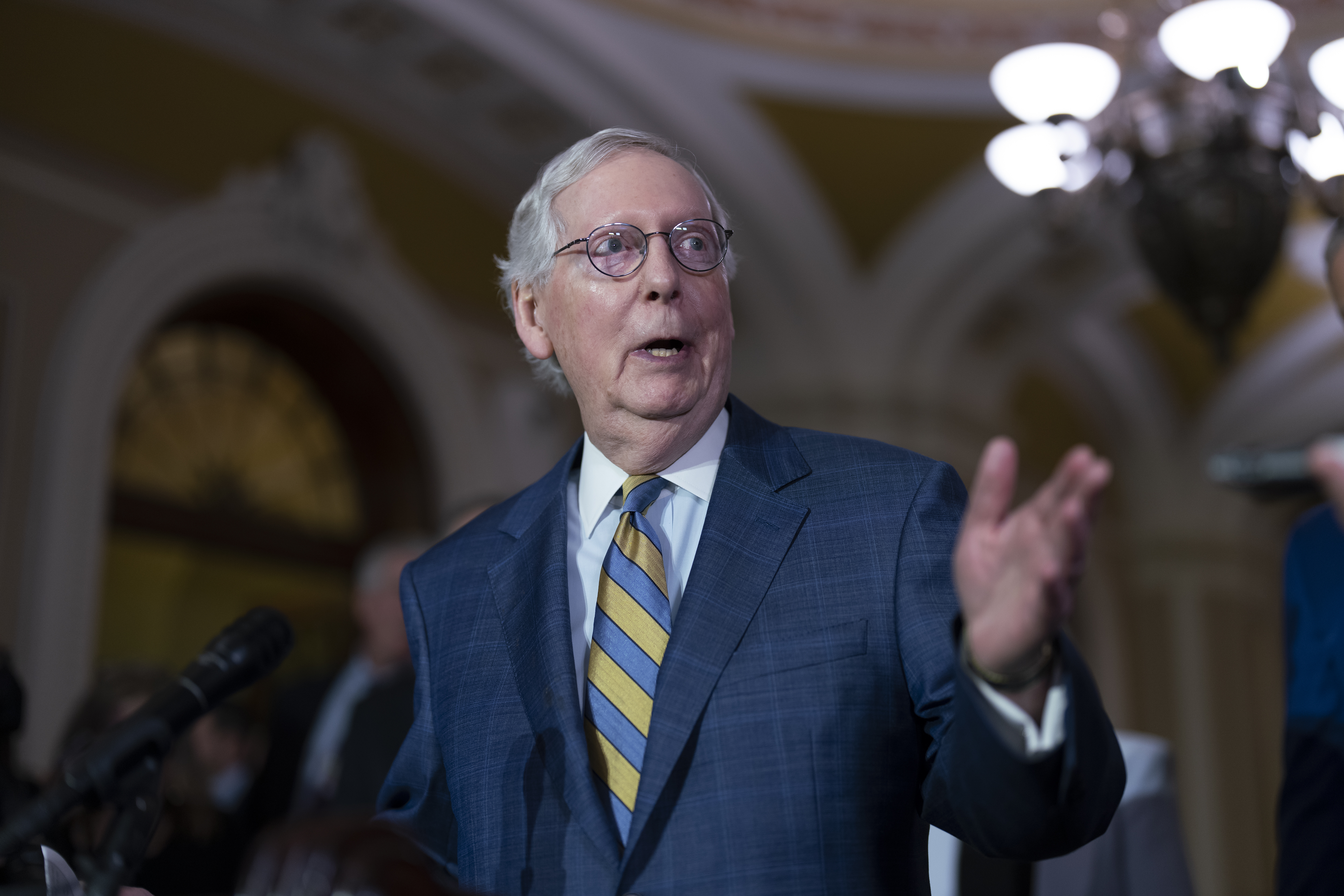 Senate Minority Leader Mitch McConnell speaks to reporters in Washington, Tuesday. The senator has been hospitalized after tripping and falling at a hotel, a spokesman said.
