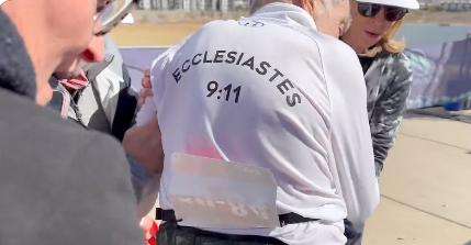 David Blaylock, 80, after finishing the USA Track and Field 100-mile National Championships in Henderson, Nev. on March 3. The message on his shirt has personal meaning.
