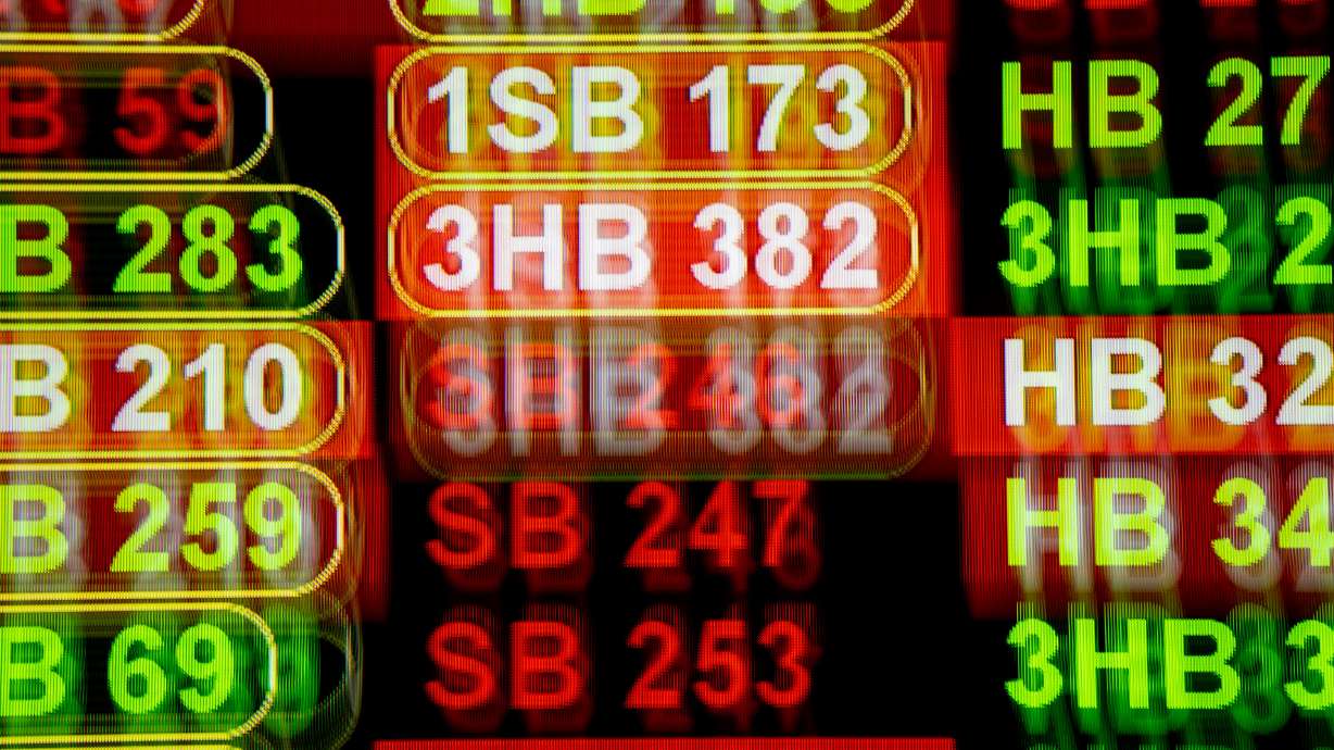 Bills in varying stages of progress are displayed on a video board at the Capitol in Salt Lake City on Feb. 24. Utah passed a record 575 bills during the 2023 Legislature.