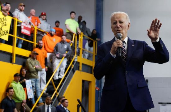 President Joe Biden delivers remarks about his budget for fiscal year 2024 at the Finishing Trades Institute in Philadelphia, Thursday. Biden on Thursday unveiled plans for government spending and higher taxes on the wealthy.