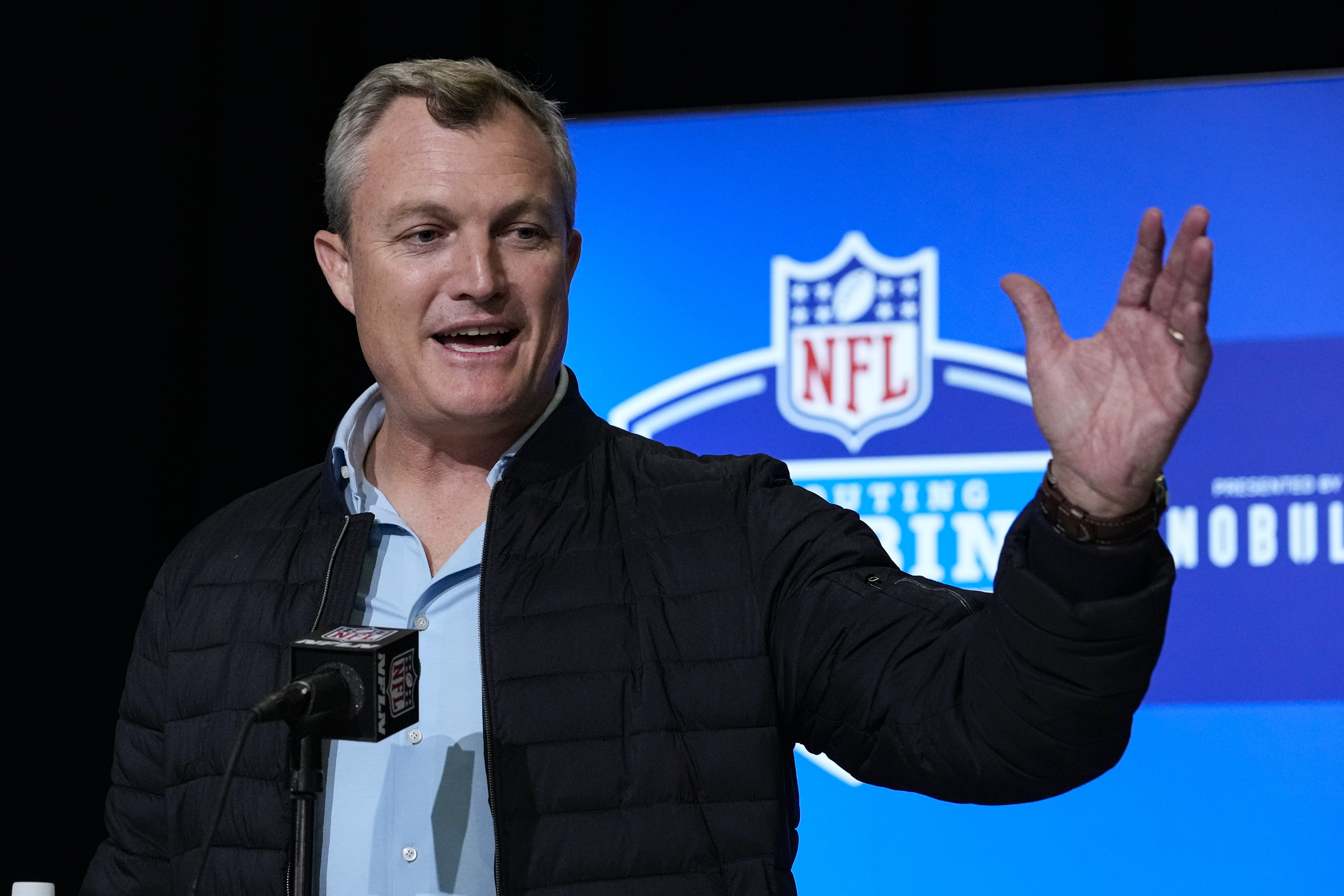 San Francisco 49ers general manager John Lynch speaks during a press conference at the NFL football scouting combine in Indianapolis, Tuesday, Feb. 28, 2023.