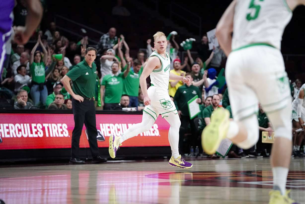 Utah Valley wing Trey Woodbury gets back on defense during the first half of the Wolverines' WAC Tournament quarterfinal against Tarleton State, Thursday, March 9, 2023 at Orleans Arena in Las Vegas.