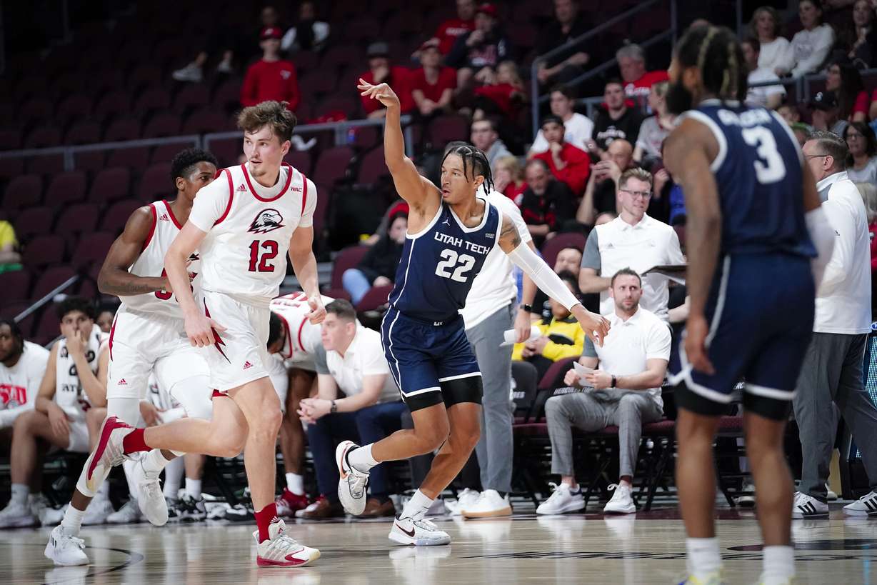 Utah Tech's Isaiah Pope poses after hitting a 3-pointer during the second half of the Trailblazers' WAC Tournament quarterfinal against Southern Utah, Thursday, March 9, 2023 at Orleans Arena in Las Vegas.