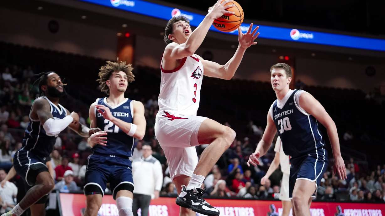 Southern Utah's Drake Allen goes up for a shot during the second half of the Thunderbirds' WAC Tournament quarterfinal against Utah Tech, Thursday, March 9, 2023 at Orleans Arena in Las Vegas.