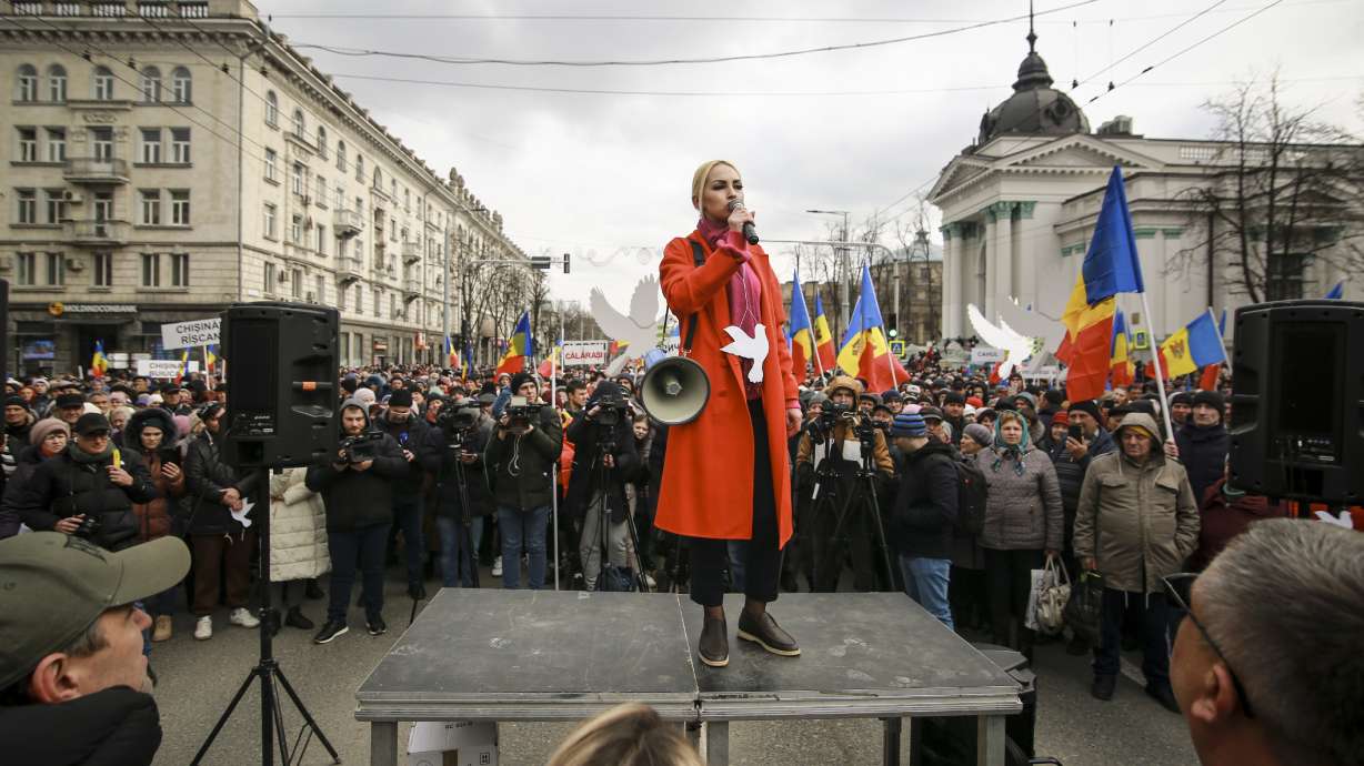 Marina Tauber the vice-president of Moldova's Russia-friendly Shor Party speaks during a protest against the pro-Western government and low living standards, in Chisinau, Moldova, Feb. 28. Thousands of protesters returned to Moldova's capital Tuesday to demand that the country's pro-Western government fully subsidize citizens' winter energy bills amid skyrocketing inflation.
