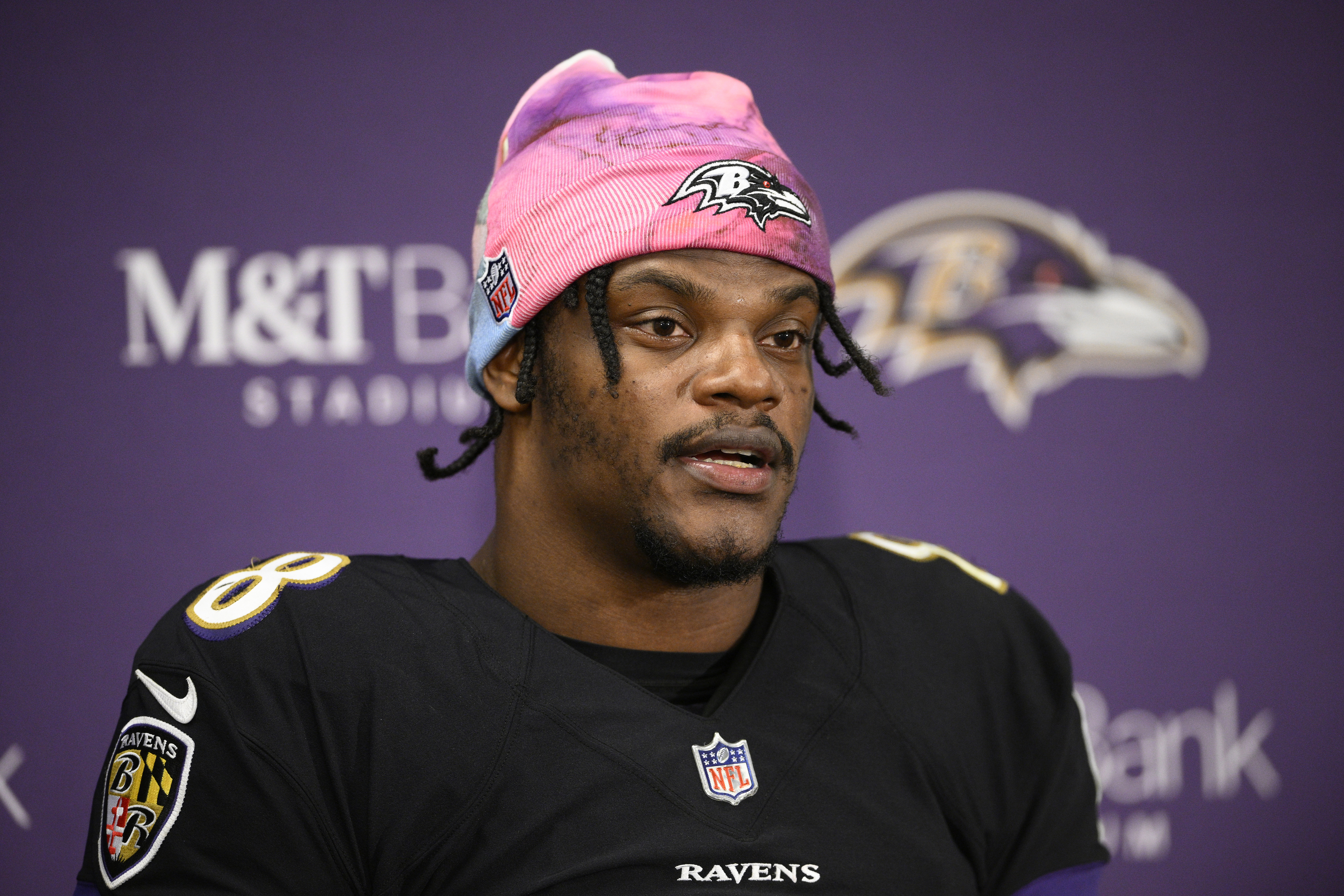 FILE - Baltimore Ravens quarterback Lamar Jackson speaks to the media at a press conference after an NFL football game against the Cincinnati Bengals, Oct. 9, 2022, in Baltimore. The Baltimore Ravens announced Tuesday, March 7, 2023, that they were designating Jackson as their franchise player, preventing him from becoming an unrestricted free agent this month after the expiration of his rookie contract. 
