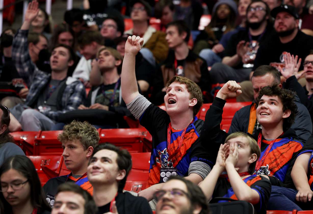 Attendees cheer for their favorite video game at the Ken Garff Esports Spring Celebration 2023 at the Jon M. Huntsman Center in Salt Lake City on Friday.