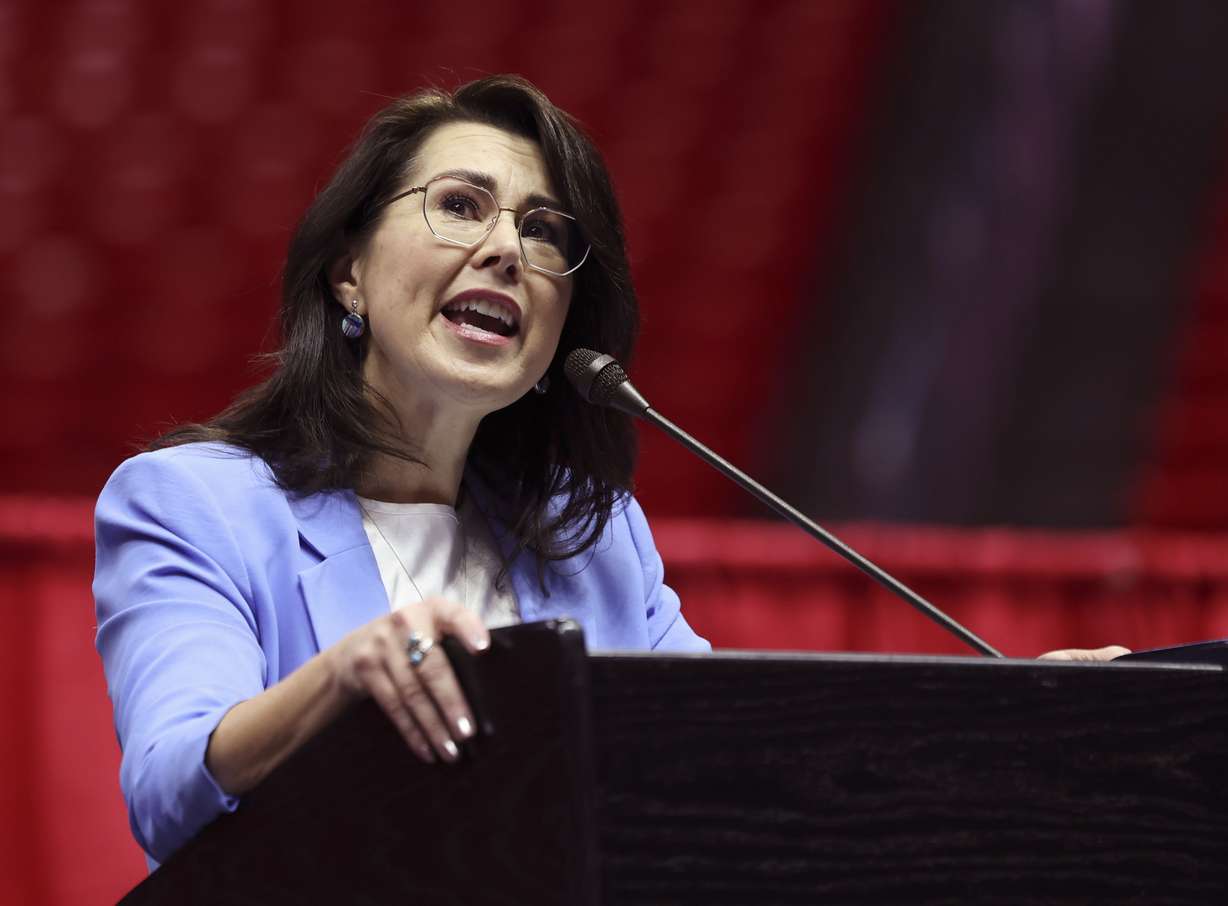 Lt. Gov. Deidre Henderson speaks at the Ken Garff Esports Spring Celebration 2023 at the Jon M. Huntsman Center in Salt Lake City on Friday.