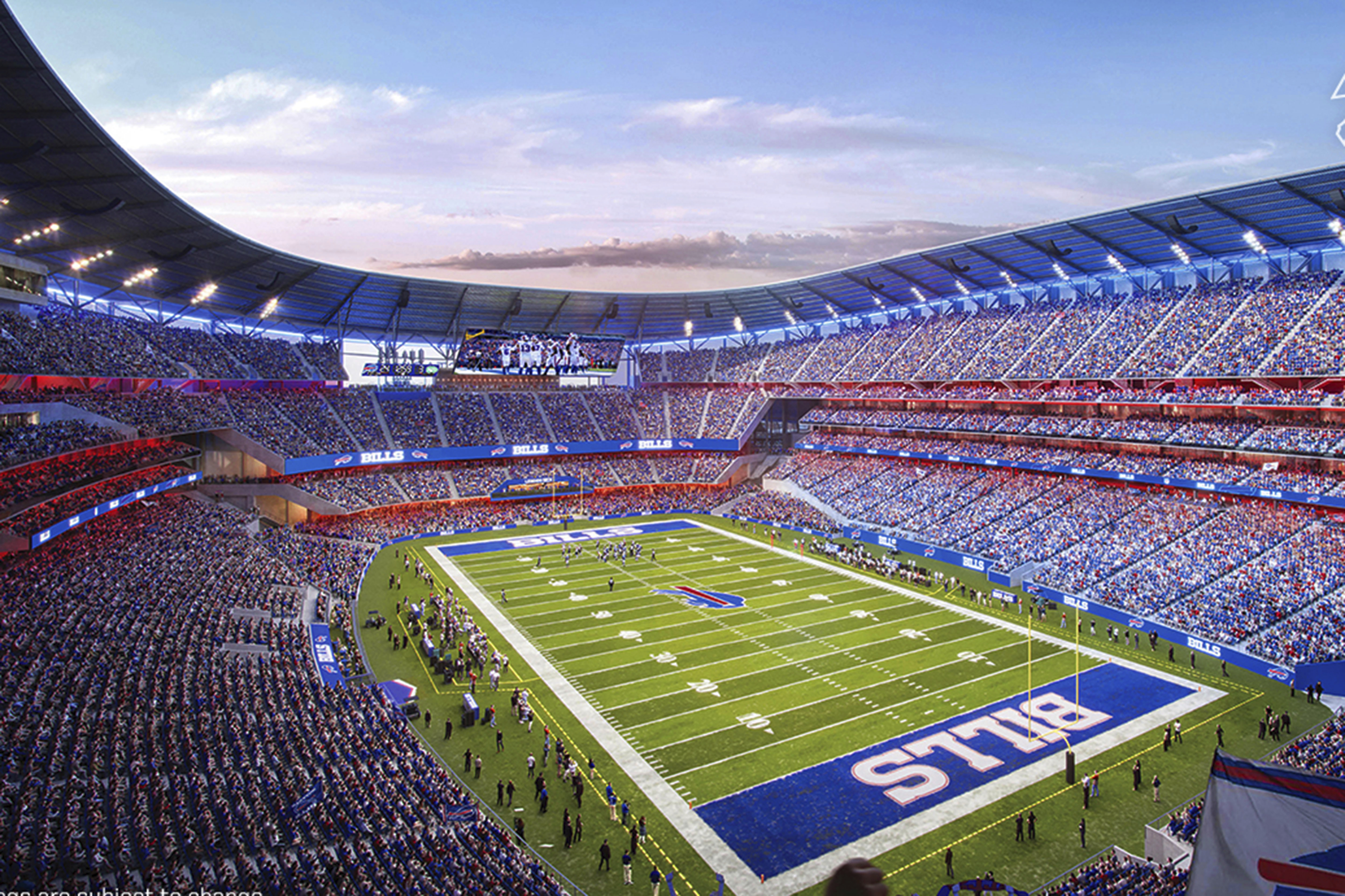 This artist rendering, provided by the National Football League Buffalo Bills, Thursday, March 2, 2023, shows the team's proposed new stadium in Orchard Park, N.Y. Kimberly Sass has traded in her goal crease for a construction hat and football. The former goalie, who won a National Women's Hockey League championship with the Metropolitan Riveters in 2018, has been hired on as project manager in overseeing the building of the Buffalo Bills new stadium. 