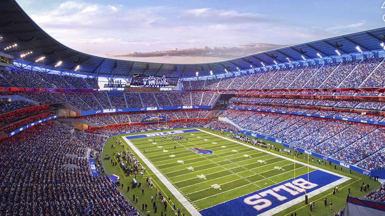This artist rendering, provided by the National Football League Buffalo Bills, Thursday, March 2, 2023, shows the team's proposed new stadium in Orchard Park, N.Y. Kimberly Sass has traded in her goal crease for a construction hat and football. The former goalie, who won a National Women's Hockey League championship with the Metropolitan Riveters in 2018, has been hired on as project manager in overseeing the building of the Buffalo Bills new stadium.