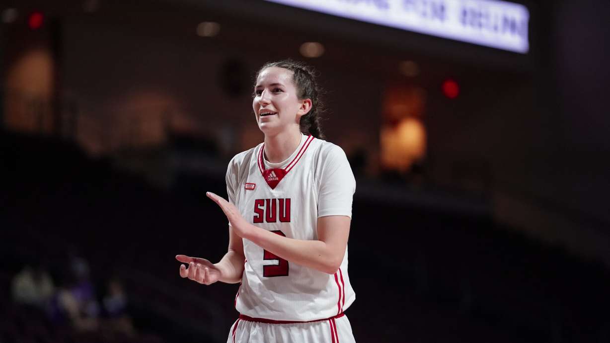 Southern Utah's Megan Jensen applauds during a play against GCU during a WAC Tournament semifinal, Friday, March 10, 2023, at Orleans Arena in Las Vegas.
