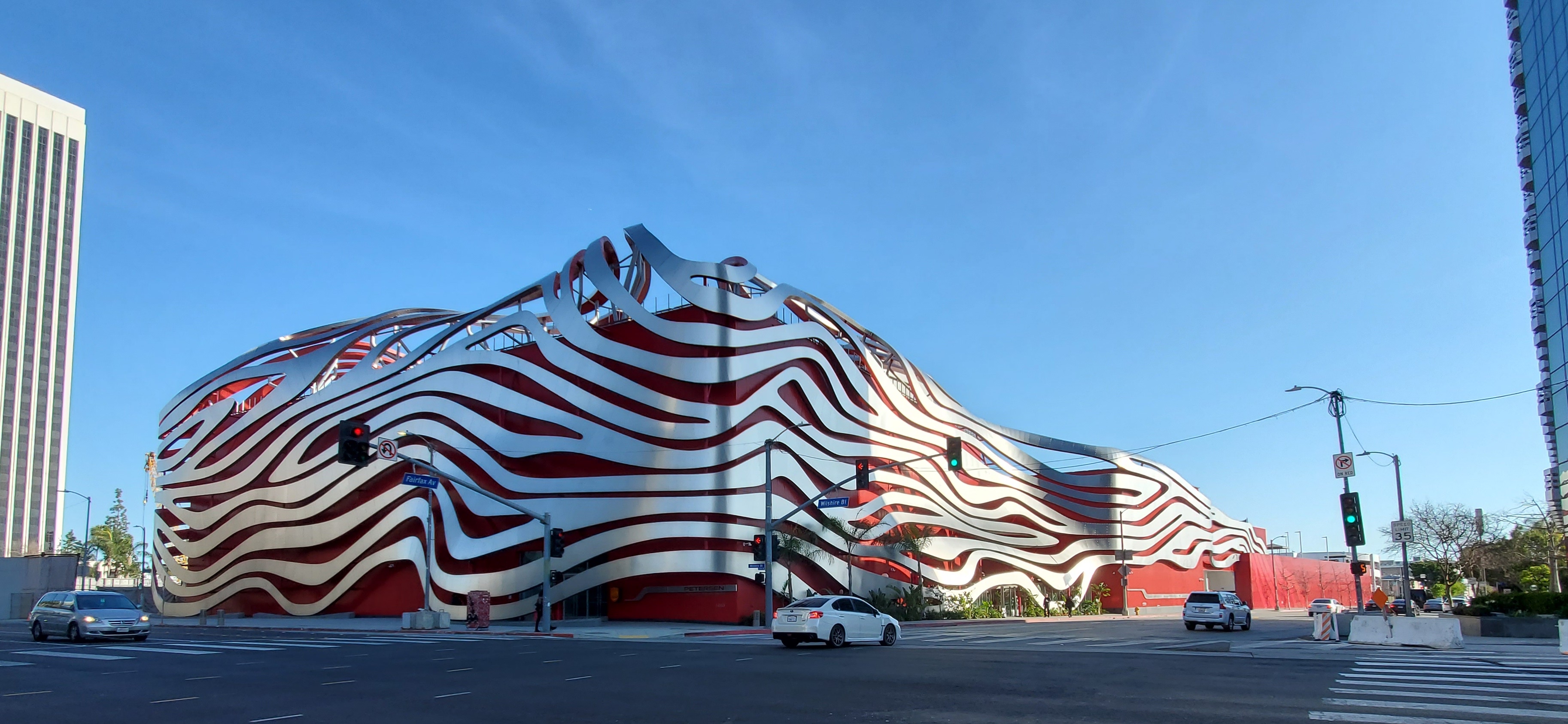 Located at the corner of Wilshire and Fairfax, you really can't miss the Petersen Automotive Museum in Los Angeles.