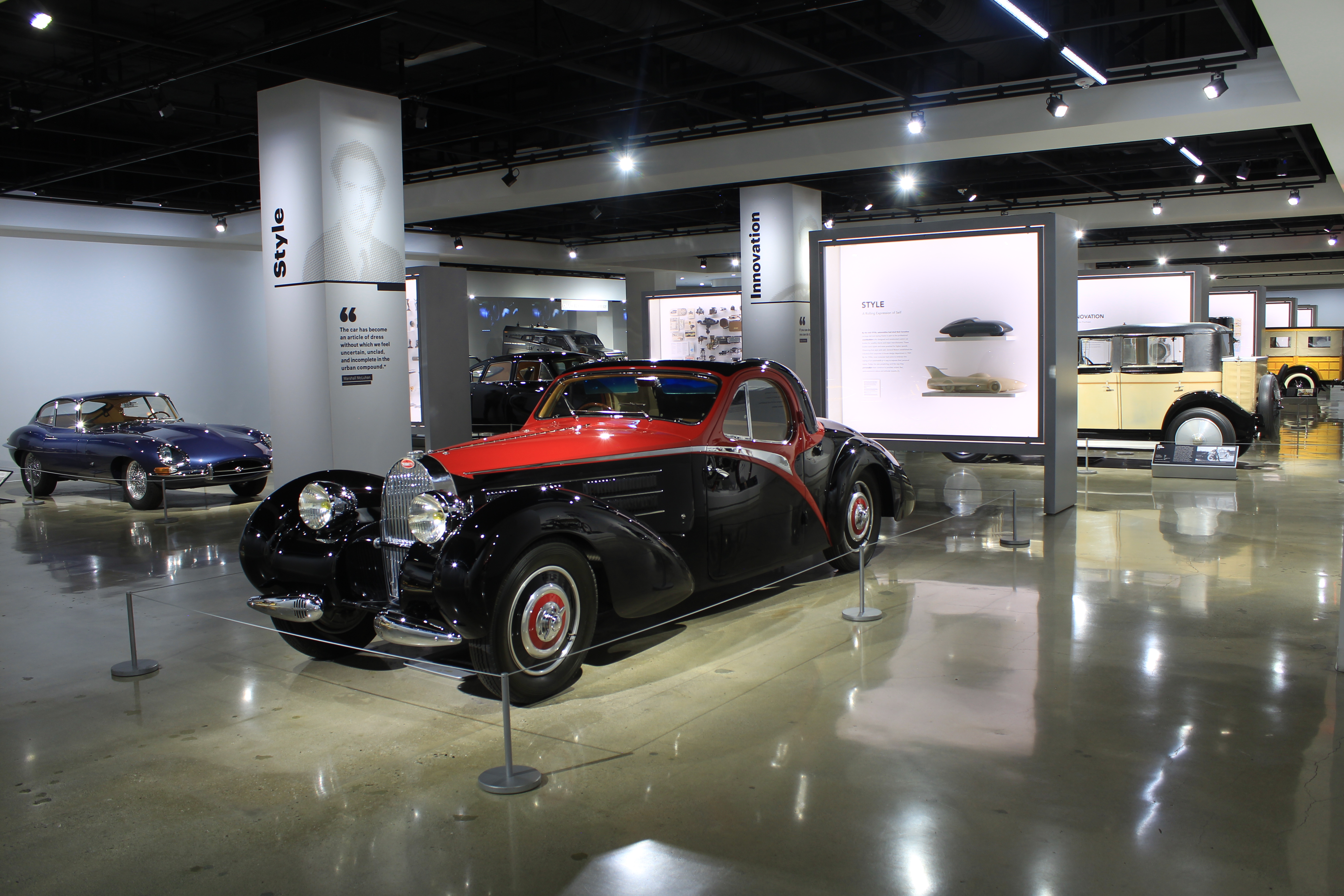 A 1939 Bugatti Type 57 C Atalante greets you on the third floor of the Petersen Automotive Museum in Los Angeles.