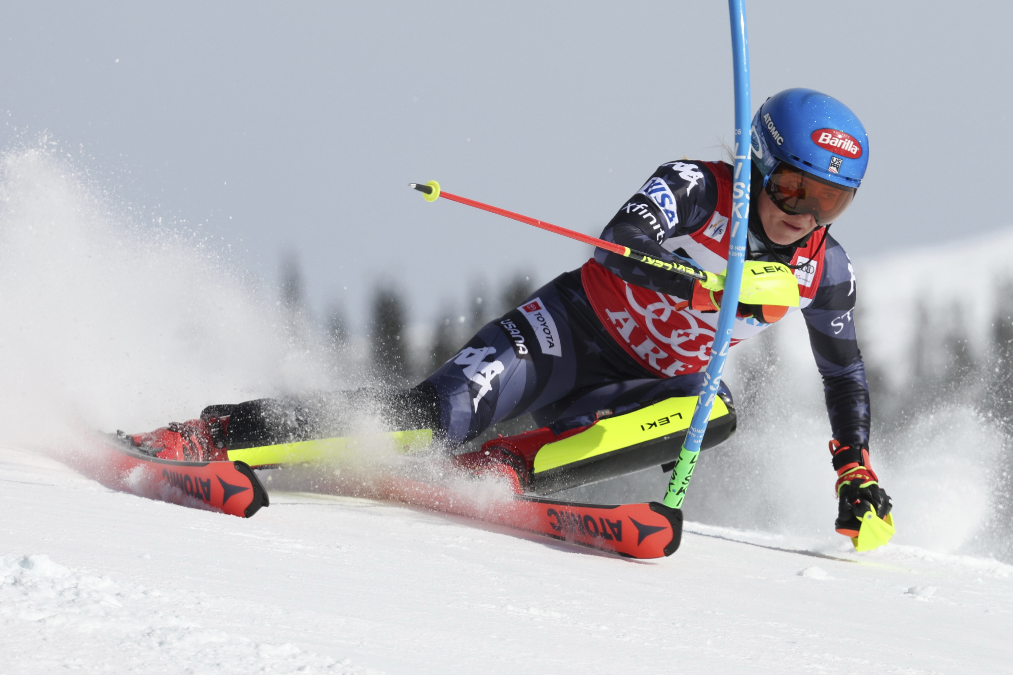 United States' Mikaela Shiffrin speeds down the course during an alpine ski, women's World Cup slalom, in Are, Sweden, Saturday, March 11, 2023.