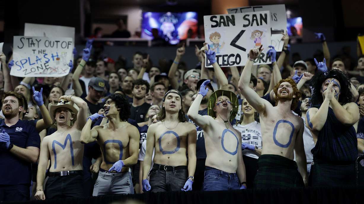 Utah State Aggies students cheer as Utah State and San Diego State play in the Mountain West Conference Basketball Tournament Championship at UNLV’s Thomas and Mack Center in Las Vegas on Saturday, March 11, 2023.