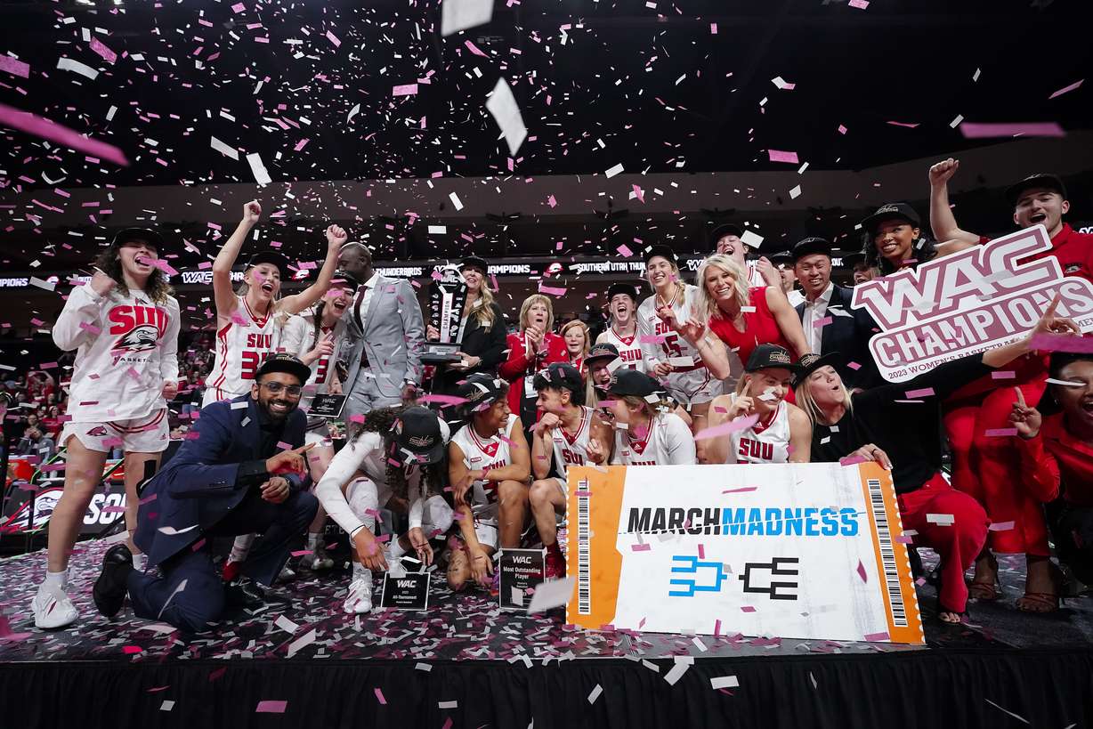 Southern Utah women's basketball celebrates the program's first WAC Tournament title and NCAA Tournament berth after a championship game win over California Baptist, Saturday, March 11, 2023 at Orleans Arena in Las Vegas.